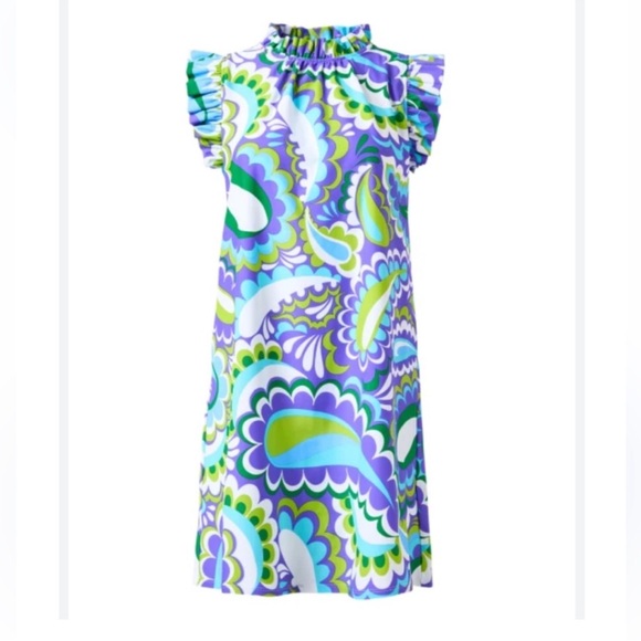 NWT Jude Connally
Shari Stretch Knit Mod Paisley Iris Print Ruffle Trim Dress - Picture 6 of 9